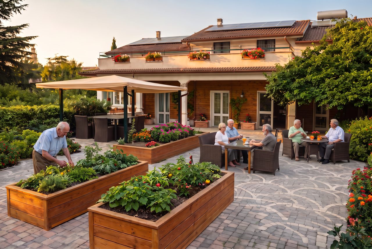 Il giardino di Residenza Althea a Civitella San Paolo: cortile, gazebo e ospiti all’aperto.