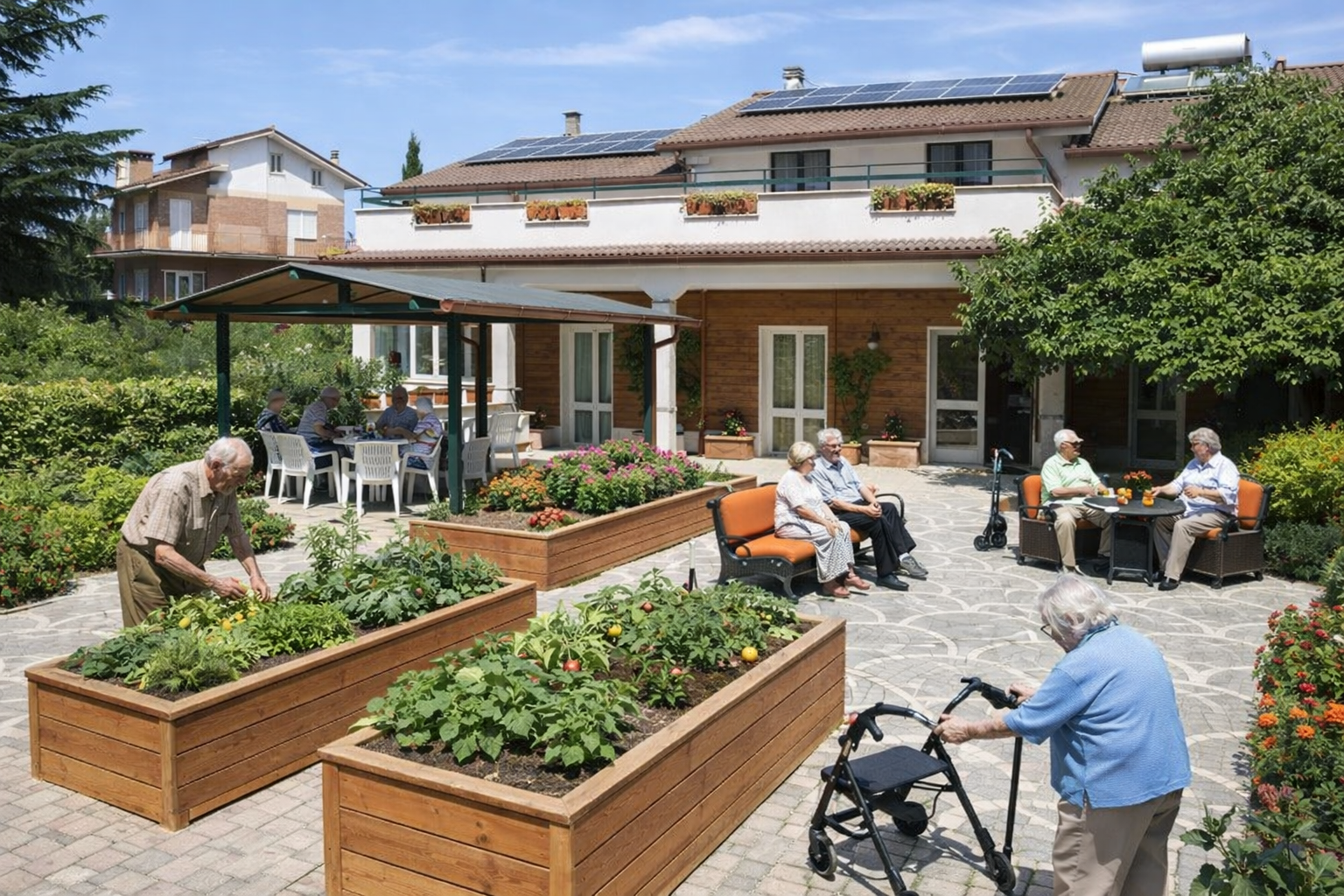 Giardino della Residenza Althea con ospiti e orto