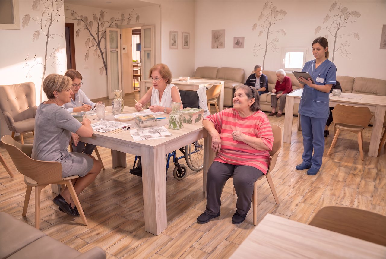 Spazi comuni e sala da pranzo di Residenza Althea: tavolo, salotto e ospiti insieme.